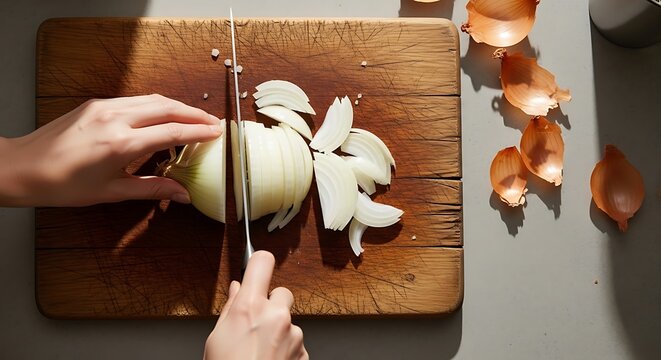 Hands cutting onion on wooden board.