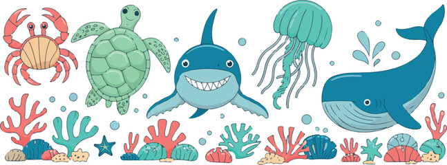 Set of flat vector marine animals cute ocean creatures including shark crab jellyfish turtle seahorse starfish coral illustration © RafatStock