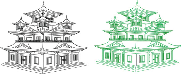 Naklejka premium Traditional vs Modern House Illustration in Green and Red for Architecture, Home Design, and Real Estate Concepts