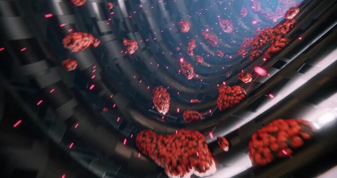 Red glowing particles float in a dark, futuristic tunnel loop