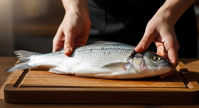 Hands preparing fresh fish on cutting board.