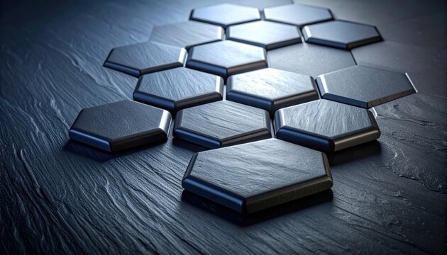 Polished hematite stones arranged in a precise hexagonal pattern on a smooth dark textured surface creating a sophisticated and modern abstract geometric visual display.