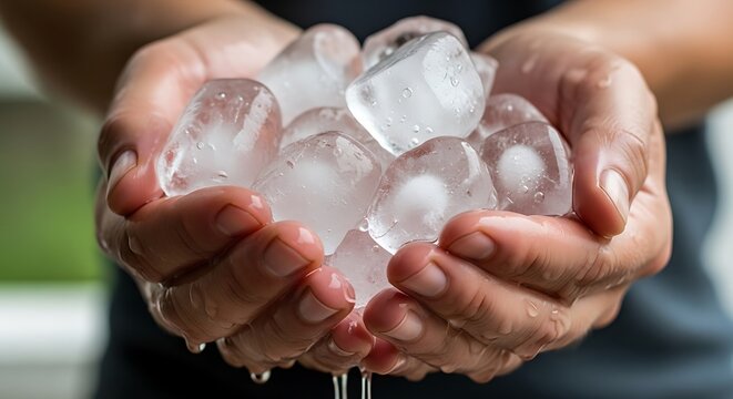 Hands Holding Ice Cubes.