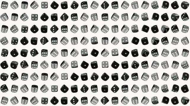 Seamless pattern of rotating black and white dice on light background, modern 3D gambling animation with static camera and perfect loop