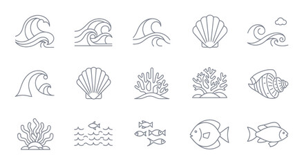Ocean Sea Life Icons: Waves, Shells, Coral, Fish, Marine Vector Art © fredi