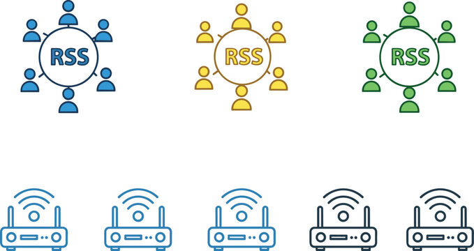 Flat Vector Icon Set Featuring RSS Feed Community Network Symbols and Wireless Wifi Internet Router Devices for Technology Connectivity and Digital Communication Concepts