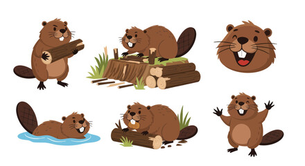 Fototapeta premium Cute Cartoon Beavers Building, Swimming, and Cheerful