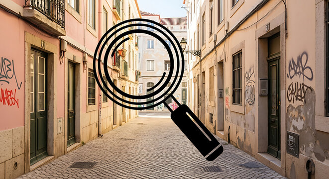 Black magnifying glass icon over narrow urban street with aged residential buildings and weathered walls featuring street art, symbolizing investigation, discovery, search, and urban exploration