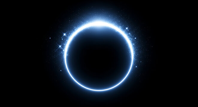 Abstract glowing blue ring on a black background with ethereal glow with abstract light