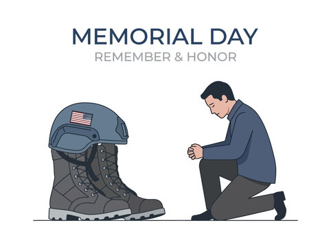 Soldier kneeling before combat boots and a tactical helmet shows respect during a solemn Memorial Day observation.