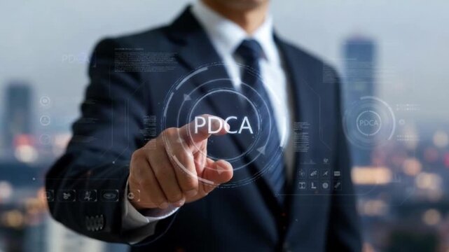 PDCA, businessman, management, technology, strategy, business, cycle, improvement, process, plan, do, check, act, digital, interface, futuristic, corporate, data, analysis, professional, innovation, s