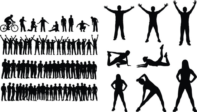 Large collection of people silhouettes, crowd of men and women, cyclist, group of friends, stretching fitness poses, success and celebration, vector flat illustration.