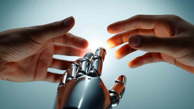 Human and robotic hands reaching towards each other, symbolizing the connection between technology and humanity. A representation of innovation and collaboration in the digital age