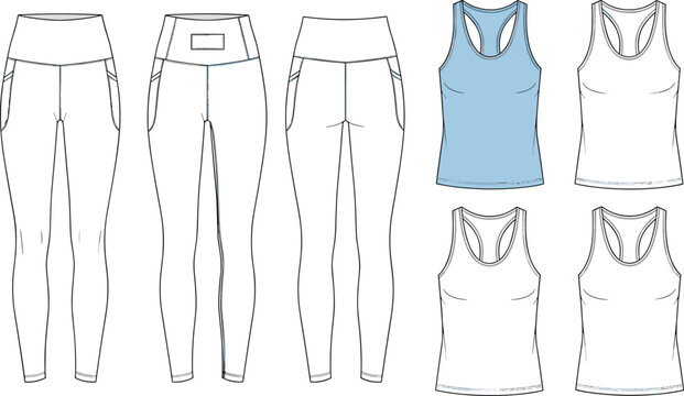 Technical CAD drawing flat vector illustration of women's high waisted leggings with pockets and racerback tank top activewear set template.