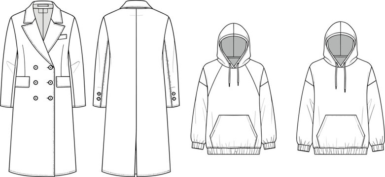 Technical CAD drawing flat vector illustration of a women's double breasted long trench coat and an oversized raglan sleeve hoodie.