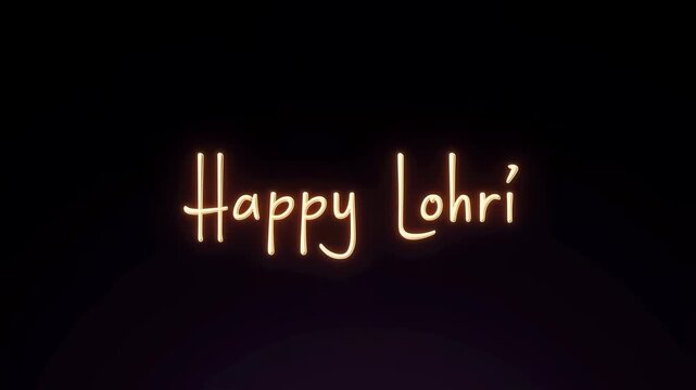 Festive text animation wishing "Happy Lohri" with glowing effects. Celebrating the cultural significance of the Lohri festival, symbolizing harvest and joy