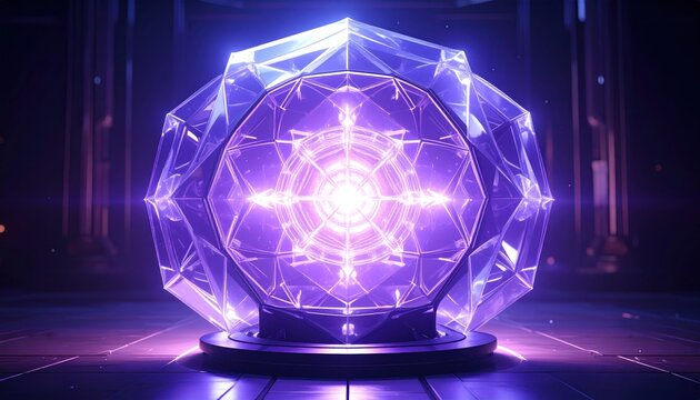 Intricate crystalline structure of a quantum resonator glowing with internal pulsing light, representing advanced technological research and powerful futuristic scientific innovation.