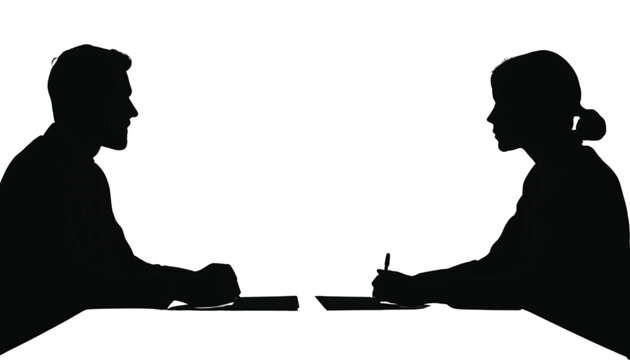 Businesspeople sit across from each other at a desk while reviewing documents in a dark silhouette.
