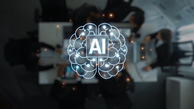 This image showcases a business meeting focusing on artificial intelligence as a concept, highlighting technology role in collaboration and innovation in the workplace. Raster
