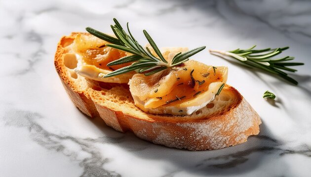 delicious bruschetta with fresh rosemary on marble surface