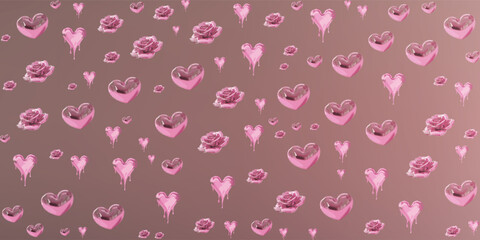 Seamless Pattern of Pink Hearts and Roses on a Subtle Background. © Sakina