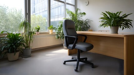 Fototapeta premium A bright and natural office workspace featuring numerous potted tropical plants and modern furniture by a large window
