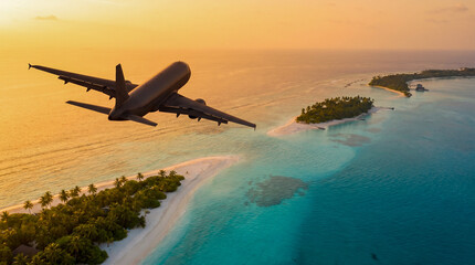 Naklejka premium Avión volando sobre playas tropicales al atardecer, colores cálidos, composición inspiradora, estilo publicitario.