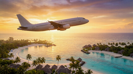 Naklejka premium Avión volando sobre playas tropicales al atardecer, colores cálidos, composición inspiradora, estilo publicitario.