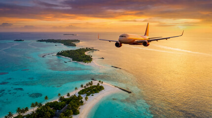 Naklejka premium Avión volando sobre playas tropicales al atardecer, colores cálidos, composición inspiradora, estilo publicitario.