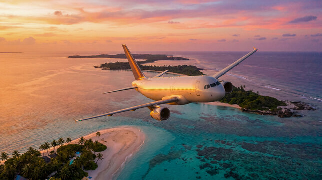 Avi&oacute;n volando sobre playas tropicales al atardecer, colores c&aacute;lidos, composici&oacute;n inspiradora, estilo publicitario.