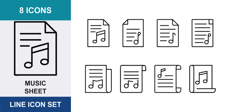 8 Music sheet linear icons note paper, song lyrics document, melody script scroll, UI and web interface design