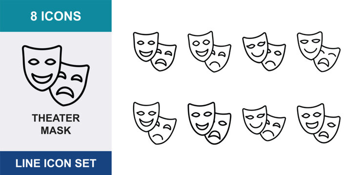 8 Theater mask linear icons comedy tragedy drama faces acting performance, UI and web interface design