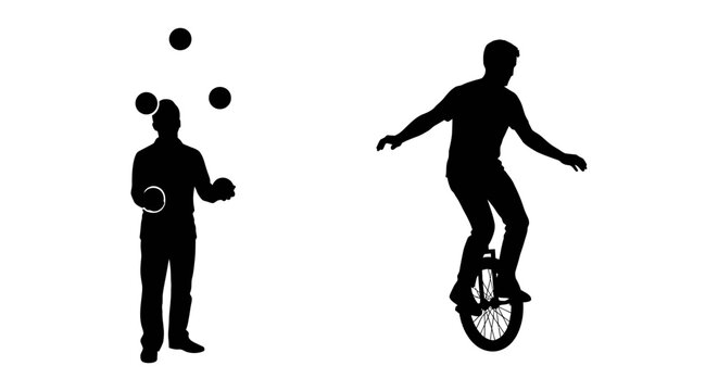 Circus performer icon set with juggler and unicycle rider silhouette, white background, vector Illustration