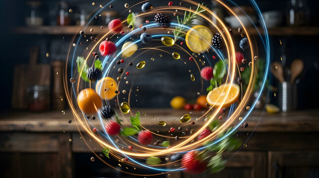 Freshness and flavor swirl in a dynamic culinary vortex, showcasing vibrant fruits and spices in a kitchen setting