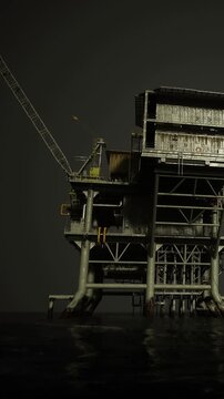 An oil rig stands in dark water at night. The structure shows cranes and other equipment. The ocean reflects some light from the rig. Waves gently move around the base of the platform.