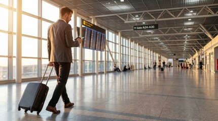 Obraz premium Man with Suitcase Walking in Airport Terminal Looking at Flight Information Board.