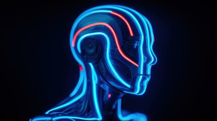 Obraz premium Stress relief concept, A futuristic humanoid robot head with glowing blue and red neon lines, symbolizing advanced AI and cybernetic technology.