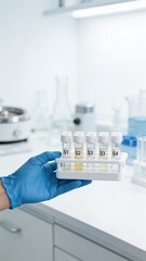 Fototapeta premium A gloved hand carefully holds a rack of test tubes in a laboratory setting, highlighting the precision and care taken in medical research and experimentation.