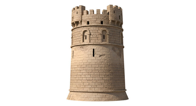 Medieval stone tower architecture rendering with battlements and fortifications against a black background; solid textured 3D.