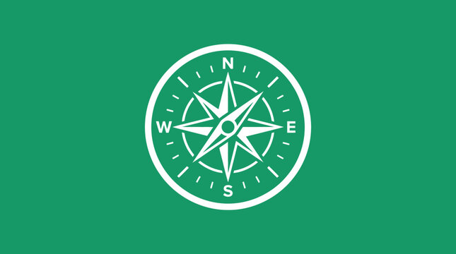 A white compass icon with cardinal directions on a green background