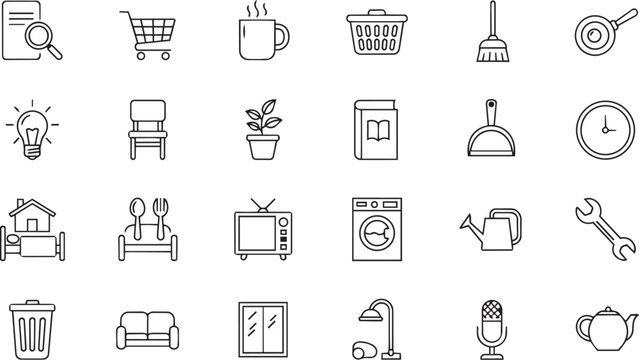 Set of 25 line icons for household items and daily objects