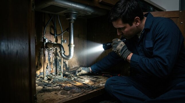 Medium view of technician inspecting water damage beneath sink basin flashlight beam highlighting damaged areas while other parts softly fade out.
