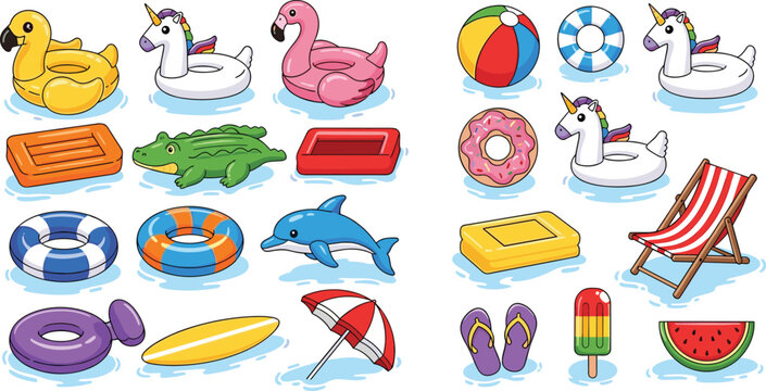 Summer Pool Float Vector Set with Inflatable Unicorn Flamingo Rings Beach Chair Umbrella and Water Fun Illustration Collection