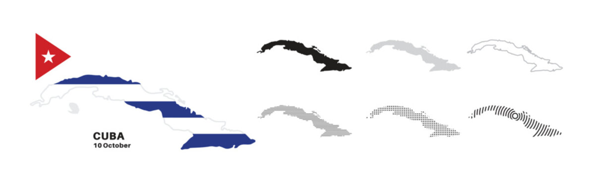 Set of isolated cuba maps. cuba flag overlaid with flag proportions. Maps and traveling around the world
