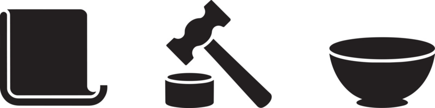 Ancient craft and kitchen icons set with scroll hammer and bowl for history or cooking design with smith