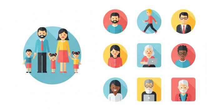 Diverse group of people avatars and family illustration.