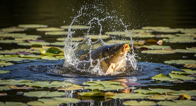 A common carp jumping out of a pond surrounded by water lily pads with a dramatic water splash