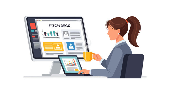 Businesswoman working on laptop and computer with pitch deck and coffee