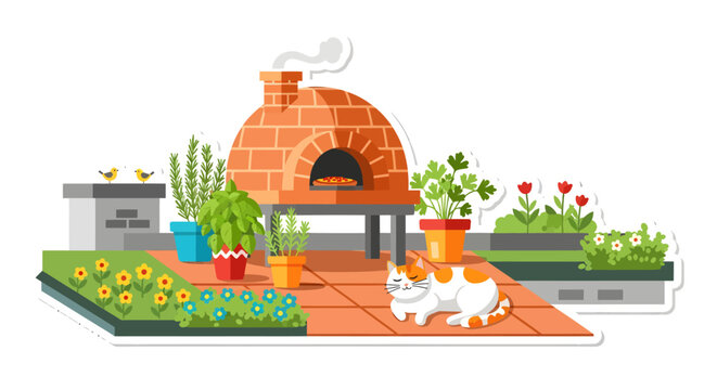 brick pizza oven in garden with flowers and cat