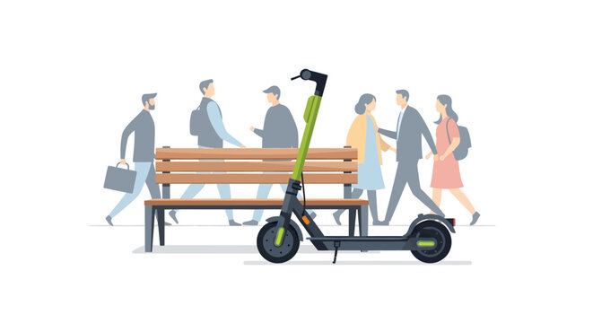Electric scooter parked beside a bench with people walking by